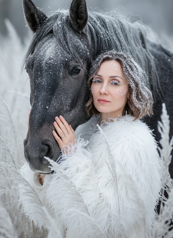 
Не меняя черт лица. Создай гиперреалистичную фотографию девушки в точности как на эталонном фото с лошадью.
Детали: Портретная съемка до пояса.
Расслабленная поза.
Образ: Волосы короткие волнистые распущены.
Длинные ресницы белые от снега и иния.
Губы нежно морозно натурального цвета. Лицо покрыто местами легким инием. Акцент на глаза. Одета удлиненная пушистая белая шубка из страуса, Волосы покрыты легким слоем снега и иния. Девушка стоит рядом с шикарным темно серым конем, у которого грива в иние. Девушка гладит гриву коня и прижимается к морде.
Смотрит в камеру.
На переднем плане не в фокусе большой белый ковыль в инеи. На заднем плане высокий белый ковыль.
Свет и световые решения:
Основной свет: мягкий диффузный свет, примерно под углом 45° слева или справа.
