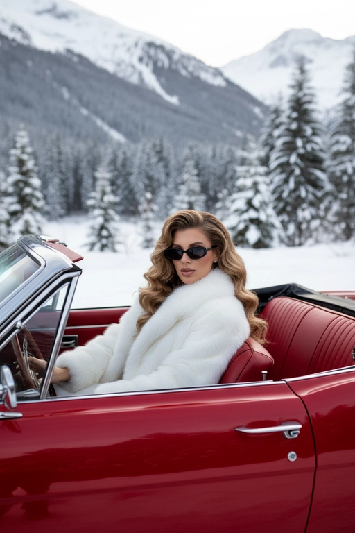 Создай изображение,  сохрани внешность и черты лица 
Фотореалистичное изображение роскошной женщины, сидящей в красном винтажном кабриолете с открытым верхом. Зима, вокруг заснеженный хвойный лес и горы. Женщина одета в огромную пушистую белую шубу и темные узкие солнцезащитные очки.  У нее объемная укладка с локонами в стиле супермоделей 90-х. Салон машины из красной кожи. Яркий дневной свет, глянцевая фотография, высокая детализация, эстетика "жены мафиози" (mob wife aesthetic), атмосфера курорта Куршевель.