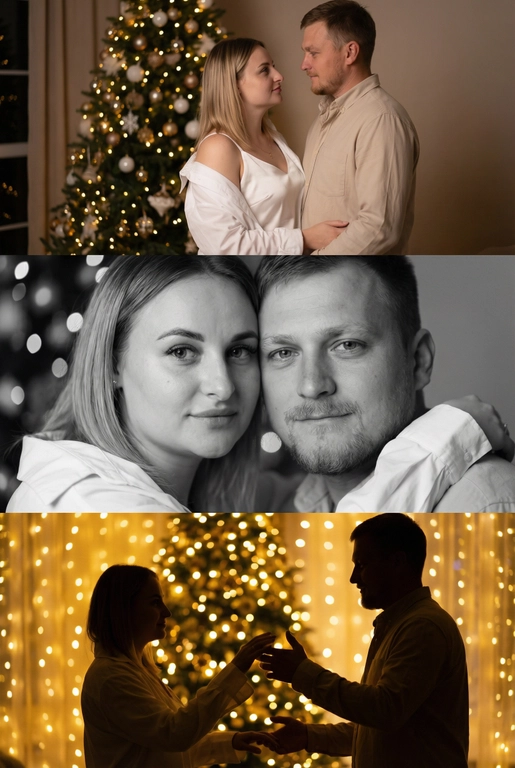 Создай новогодний кинематографичный коллаж, состоящий из трёх горизонтальных кадров друг под другом. Вечер, приглушенный свет, тёплый свет гирлянд, мягкое боке, уютная домашняя атмосфера. 

Кадр 1 (верхний): широкий план. Пара у украшенной новогодней ёлки.
Одежда: девушка в лёгкой белой рубашке, надетой свободно на шелковый топ на тонких бретельках, слегка сползающей с плеч; парень — в светлой рубашке бежево-молочного оттенка. Слабый свет гирлянд, мягкие тени, спокойный романтичный момент.

Кадр 2 (средний): крупный чёрно-белый портрет. Их лица близко, мягкое боке позади. Одежда: те же свободные рубашки, видны только верхние части — мягкая ткань, естественные складки, домашний уют. 

Кадр 3 (нижний): силуэтный кадр на фоне ярких огней. Пара тянется друг к другу. Одежда: светлые рубашки, расстёгнутые манжеты, мягко подсвеченные гирляндами. Золотой свет, много боке, тёплое новогоднее настроение.

Стиль: тёплый, нежный, интимный, романтичный, кинематографичный.