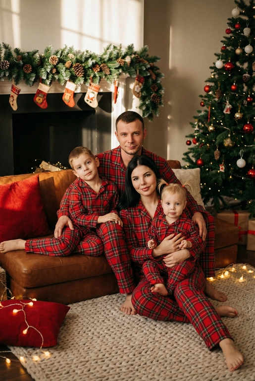   Создай трогательный кадр из профессиональной фотосессии в студии, где запечатлен момент семейной близости. Люди на фото могут быть как взрослыми так и детьми, в зависимости от предоставленных фото. Сделай так, чтобы все они смотрелись гармонично и трогательно. Фото в стиле Энни Лейбовиц, четкий фокус.

Люди в расслабленных позах на низком коричневом кожаном диване и на плотном светлом вязаном ковре. Естественные прически и минимальный макияж. 

Студия украшены в рождественском или новогоднем стиле, рядом с диваном стоит елка, позади дивана камин. Каминная полка украшена еловой гирляндой, шишками и маленькими рождественскими носочками. На диване красные декоративные подушки. В студии висят теплые гирлянды и мягко светятся.  

На фото видно лица людей и они смотрят в камеру.
 
Освещение мягкое, естественное, теплое, в стиле "Золотой час", мягкие тени, камера на уровне глаз, теплый цветовой грейд (золотисто-коричневые тона), натуральные оттенки, тонкая ретушь, мягкая пленочная текстура, атмосфера уюта, семейного тепла и близости. Одежда в стиле классических красных пижам в клетку 