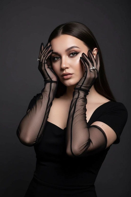 На моей фотографии крупным планом изображена гламурная женщина на темно-сером фоне, в прозрачных чёрных перчатках и чёрном платье. Она позирует, обрамляя лицо руками, отбрасывая на глаза эффектные тени. Яркий макияж глаз с аккуратной подводкой, гладкая и безупречная кожа, кинематографическое освещение, стиль высокой моды, атмосфера таинственности и соблазнительности. 