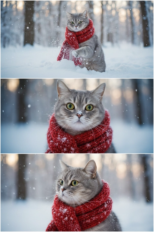     Коллаж из 3-Х фото моего питомца на зимнем фоне в снегу. Питомец в вязаном шарфе, вокруг падает снег, на заднем плане заснеженный лес.

Первый кадр — питомец в полный рост. Он играется со снегом 

Второй кадр — крупный план, увеличенный кадр мордочки питомца с одной снежинкой на носике. Мордочка питомца занимает весь кадр, взгляд прямо в камеру 
 
Третий кадр - портрет питомца, он смотрит в левую сторону. На фото виден шарф, на шарфу есть снежинки 

Три кадра объединены в вертикальный коллаж в едином тоне и свете. Атмосфера — реалистичная, теплая и немного кинематографичная.
Свет мягкий, утренний.  Цвет шарфа - красный 