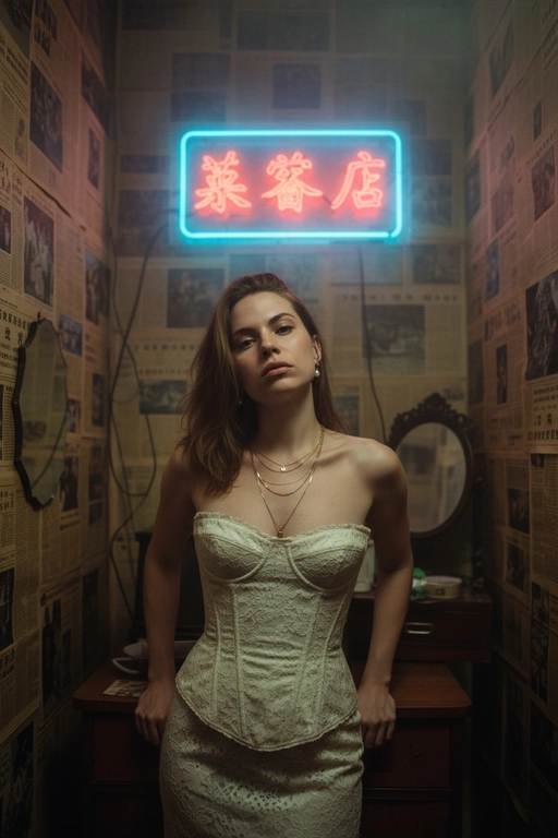 Используйте отправленную мной фотографию в качестве референса. Создайте фотореалистичный гонконгский ретро-портрет с аутентичным видом фильма 1990-х годов, как кадр из мрачного фильма. Строго сохраняйте индивидуальность (разрез глаз, губы, переносицу, линию подбородка, тон кожи). Вертикальный портрет, от середины бедра до головы (3/4 тела). Модель стоит, слегка наклонившись к камере, обе руки лежат на небольшом деревянном шкафу позади нее; плечи расслаблены. Подбородок слегка опущен, взгляд вверх, в камеру с меланхоличным, спокойным выражением. Сцена: тесная, захламленная гонконгская комната, стены от края до края оклеены пожелтевшими кантонскими газетами. Позади модели: туманная неоновая китайская вывеска (красный и голубой), светящаяся сквозь туман у потолка. Загроможденная мебель: компактный шкаф, разбросанные провода, виден край небольшого зеркала. Гардероб и стиль: платье в стиле корсета из кремового/слоновой кости кружева (со вкусом, неоткровенное), многослойные изящные золотые ожерелья, маленькие серьги-кольца или жемчужные серьги. Волосы взъерошены. Лицо должно быть точной копией моих настоящих черт лица, не меняйте лицо и сделайте фотографию высокого разрешения.