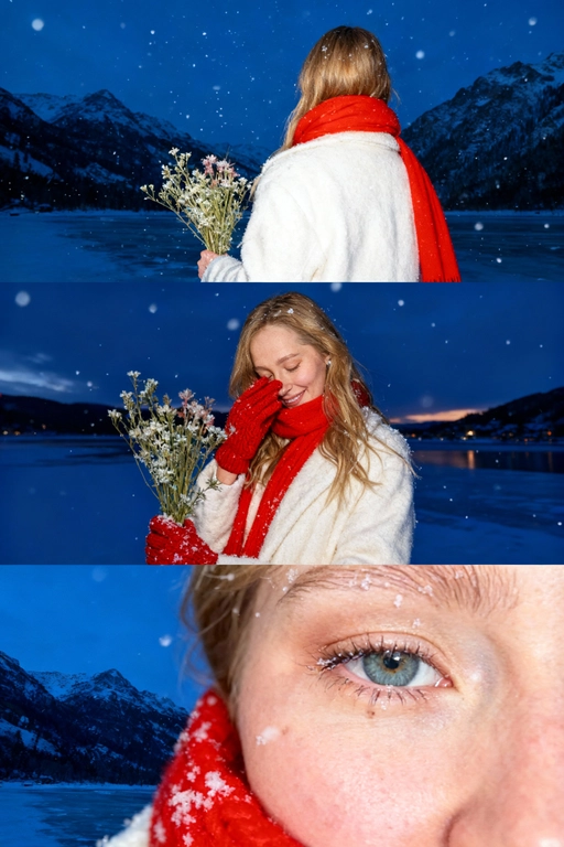Создай коллаж не меняя черты лица. Кинематографический зимний коллаж из трёх кадров: девушка на фоне заснеженных гор и замёрзшего озера, мягкий вечерний свет, холодно, падает снег. На ней белое шерстяное пальто и ярко-красный шарф, в руках букет зимних полевых цветов. Первый кадр — со спины, её волосы и красный шарф выделяются на фоне темно-синего неба и гор; второй кадр — человек стоит на фоне темно-синего неба, улыбается, смотрит вниз, в одной руке букет, второй рукой прикрывает лицо. На руках красные вязаные перчатки. атмосфера лёгкости и свежести. на ней белое шерстяное пальто и ярко-красный шарф; третий кадр — очень крупный портрет на фоне темно-синего неба, взгляд в камеру, на ресницах снег, мягкий румянец, естественный макияж. Видно часть шарфа. Акцент на глаза. Настроение — романтичное, зимнее, немного меланхоличное, стиль — реалистичный, кинематографический, контраст белого снега и красных акцентов. Все фото сделаны ночью со вспышкой. Пленочная фотография.
