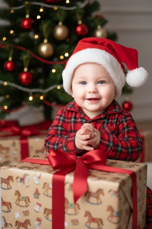Используйте отправленную мной фотографию в качестве референса. Камера снимается немного выше уровня глаз, глядя прямо на модель, охватывая от середины груди и выше.  На изображении человек держит подарочную коробку  (размер 50х500х50 сантиметров) с крышкой, перевязанную красной лентой. На коробке нарисованные игрушечные лошадки. На фоне размытая рождественская или новогодняя елка. Лицо в три четверти (3/4), Модель в красной пижамной рубашке в клетку. Смотрит в камеру с легкой улыбкой, как будто предвкушая открыть свой подарок. 

Освещение выполнено по принципу софтбокса, но с более сильным, концентрированным основным светом для создания интенсивного свечения, сохраняя при этом мягкие тени, которые подчёркивают черты лица человека. 
Гиперреалистичная детализация, передающая каждый нюанс красоты, выражения лица и сложную текстуру волос, кожи и одежды. Атмосфера новогоднего праздника.  На голове у ребенка рождественский красный колпак с белым помпоном на конце, колпак надет почти на макушке, ребенок сидит а рядом с ним красиво упакованный подарок с бантом. Руки у ребенка сложены в ладошки  