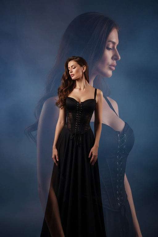 Реалистичный портрет красивой женщины, вдохновлённый референсной фотографией, волосы с легкой укладкой, элегантное чёрное платье с корсетными деталями, мягкое кинематографическое освещение, чувственная поза с закрытыми глазами, дымчатый фон, композиция с двойной экспозицией (крупный план лица сзади, портрет в полный рост спереди), высококачественная студийная фотография, богатый контраст, тонкая текстура кожи, реалистичные тени и блики, художественная глубина резкости, фотореалистичный стиль