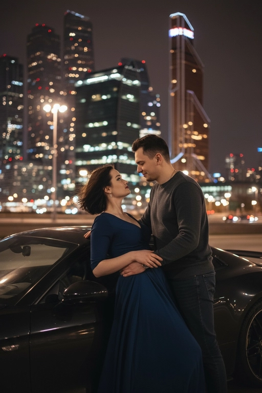 Используй предоставленные изображения и создай фото женщины и мужчины, в романтическом стиле, женщина облокотилась спиной на автомобиль, слегка откинувшись назад. ее слегка взъерошенные волосы мягко развеваются на ветру. Лицом к ней прижавшись стоит мужчина выше нее и одной рукой обнимает её за талию, а другой рукой опирается на машину. Влюбленно смотрит на женщину. На заднем плане изображена Москва-Сити, сияющая теплыми золотистыми огнями ночного города. Улица залита мягким городским светом, создающим гламурную и кинематографическую атмосферу. Поза женщины уверенная и в то же время игривая, и основное внимание уделяется взаимодействию между ней мужчиной. Освещение должно подчеркивать их силуэты, а отражения окружающих огней на стекле автомобиля должны создавать элегантную атмосферу. На парне джинсы и модный свитшот, на девушке красивое платье