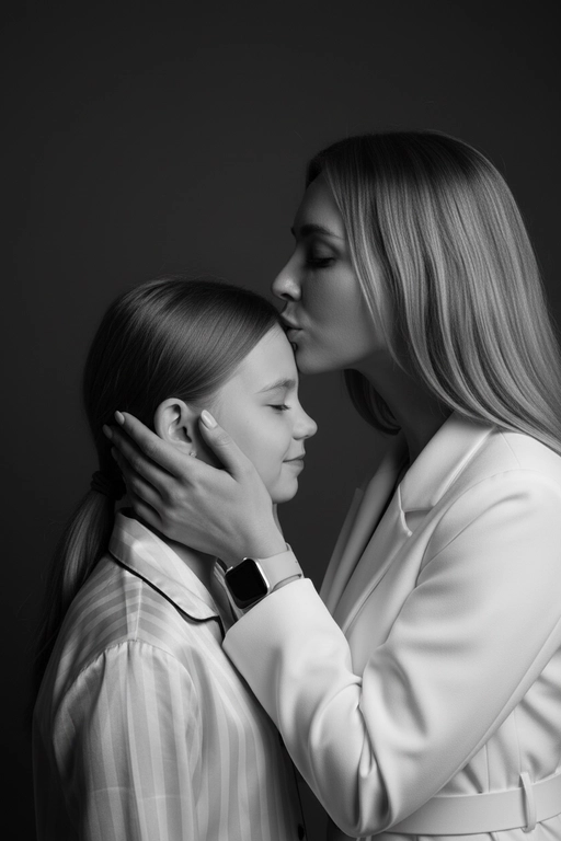 Профессиональное студийное фото, чёрно-белый крупный портрет взрослой женщины и второго человека (это ее сын или дочь). Камера очень близко, объектив 85mm, f/2.0, малая глубина резкости, фокус на ресницах младшего. Боковой ракурс 3/4 слева: старшая выше, в профиль, целует младшего в центр лба. Её обе руки обрамляют лицо младшего, пальцы по бокам щёк, большие под ушами. Младший тоже в профиль с лёгкой улыбкой и закрытыми глазами. Гладкий тёмный фон, мягкий свет слева под 45°, глубокие тени, высокий контраст, реалистичная текстура кожи, отсутствие шума, качество как у профессионального фотографа. Лица должны быть полностью узнаваемыми, соответствовать исходным референсам без искажений, без изменения пропорций и черт.