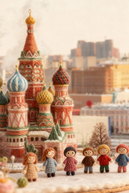 Используя загруженное изображение в качестве основы, создайте произведение искусства из ниток своими руками — диораму из пряжи и фетра. Макросъёмка, мягкий рассеянный свет, пастельная палитра, высокая детализация волокон и стежков, уютная, сказочная атмосфера и слегка уменьшенный масштаб, как в диораме. Если на фото изображены люди - изобрази их в стиле вязаных человечков с глазами-пуговицами.