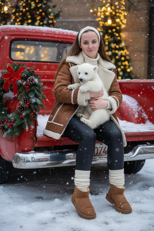 Портрет молодой женщины, сидящей на кузове винтажного красного грузовика. Девушка держит на руках животное. На ней коричневая дубленка с белой окантовкой из овчины по воротнику, манжетам и карманам, под дубленкой белый свитер с горловиной, черные лосины тканевые без блеска, на ногах укороченные, высотой до щиколоток коричнево-бежевые угги на платформе и кремовые гетры до середины икр, выглядывающие из уггов. 
Девушка смотрит в камеру, на ее лице легкая улыбка. 

На грузовике — праздничный рождественский венок. На земле лежит снег.

Мягкий снег падает. Атмосфера — реалистичная, теплая и немного кинематографичная. Сияющие рождественские огоньки и украшения создают яркую теплую атмосферу. Разрешение 8K, акцент на текстуру одежды, снег и сверкающие огоньки на заднем фоне. —ar 3:4 —v.

Не меняй черты лица.  На голове девушки белая повязка. Держит на руках белого медвежонка
