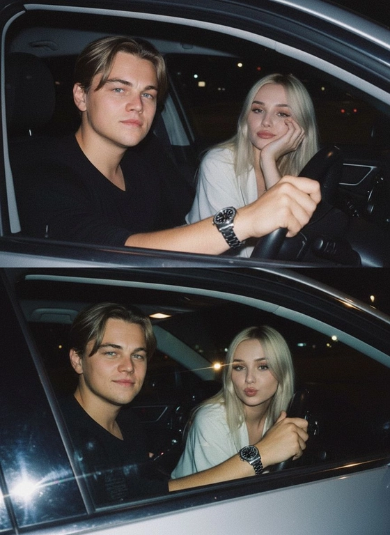 Используй предоставленные изображения и создай коллаж из двух фото, одно под другим. Первое фото сверху: Ночное фото в салоне автомобиля: мужчина за рулем смотрит вперед, его рука с часами на руке. Женщина на пассажирском сиденье, слушает его подперев щеку рукой. Съемка в стиле папарацци с эффектом зернистой пленки, атмосфера интимная. Второе фото: Девушка и парень смотрят в камеру Ночное фото папарацци крупным планом: мужчина за рулём и женщина на пассажирском сиденье смотрят в камеру. Женщина с ухмылкой и губами бантиком, мужчина слегка улыбается, положив руку на руль. Съёмка через пассажирское окно, сочетание ночного света и вспышки, эффект зернистой плёнки.