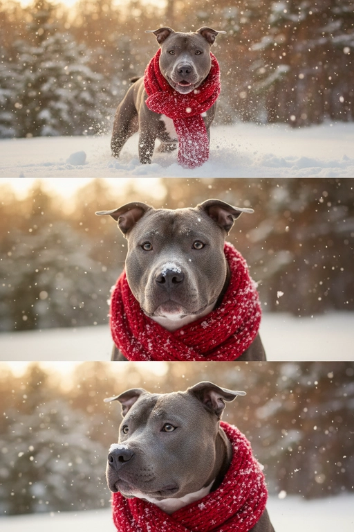     Коллаж из 3-Х фото моего питомца на зимнем фоне в снегу. Питомец в вязаном шарфе, вокруг падает снег, на заднем плане заснеженный лес.

Первый кадр — питомец в полный рост. Он играется со снегом 

Второй кадр — крупный план, увеличенный кадр мордочки питомца с одной снежинкой на носике. Мордочка питомца занимает весь кадр, взгляд прямо в камеру 
 
Третий кадр - портрет питомца, он смотрит в левую сторону. На фото виден шарф, на шарфу есть снежинки 

Три кадра объединены в вертикальный коллаж в едином тоне и свете. Атмосфера — реалистичная, теплая и немного кинематографичная.
Свет мягкий, утренний.  Цвет шарфа - красный 