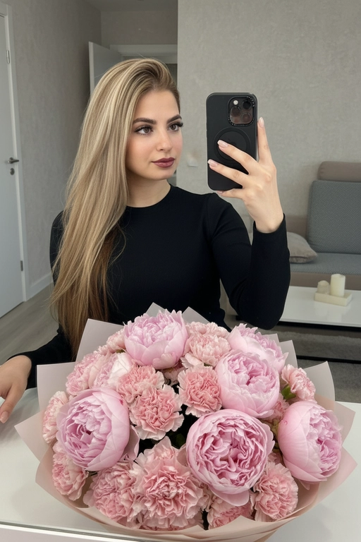 На фото — интерьерная зеркальная селфи-композиция на айфон 16 pro. Центральный объект в кадре — девушка в чёрной рубашке. Макияж естественный, длинные ресницы, блеск на губах. Сходство 100%. Девушка держит телефон в правой руке, аппарат в тёмном (чёрном) чехле с модулем камеры в верхнем углу: заметна круглая конфигурация объективов. Левой рукой она опирается на поверхность стола или пола позади большого букета. Ногти аккуратно накрашены в светлый оттенок. На переднем плане очень крупный пышный букет, упакованный в бумагу пастельных тонов. На фоне современный домашний интерьер.

Букет в розовой гамме, цветы: крупные махровые пионы/гвоздики/гортензии или похожие по форме рuffled-бутоны разной интенсивности розового.