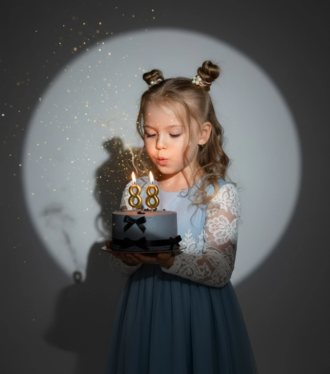 Фотореалистичный портрет женщины с точно таким же лицом, чертами, выражением и цветом волос, как на исходной фотографии - ничего не изменять. Атмосфера - день рождения: мягкий блеск свечи отражается на её лице, в воздухе лёгкие золотистые блёстки, создающие праздничное сияние. Фон темно-серый. Освещение студийное, контрастное, с кругом света на фоне, создающим выразительную тень. Волосы - волнистые, мягко подсвечены. Она немного стоит полубоком. Женщина держит в руках маленький праздничный торт, украшенным чёрными лентами и изящной цифрой из золотых свечей; Она сдувает свечу. Она одета в голубое платье с кружевом  Свечки в виде цифры 8