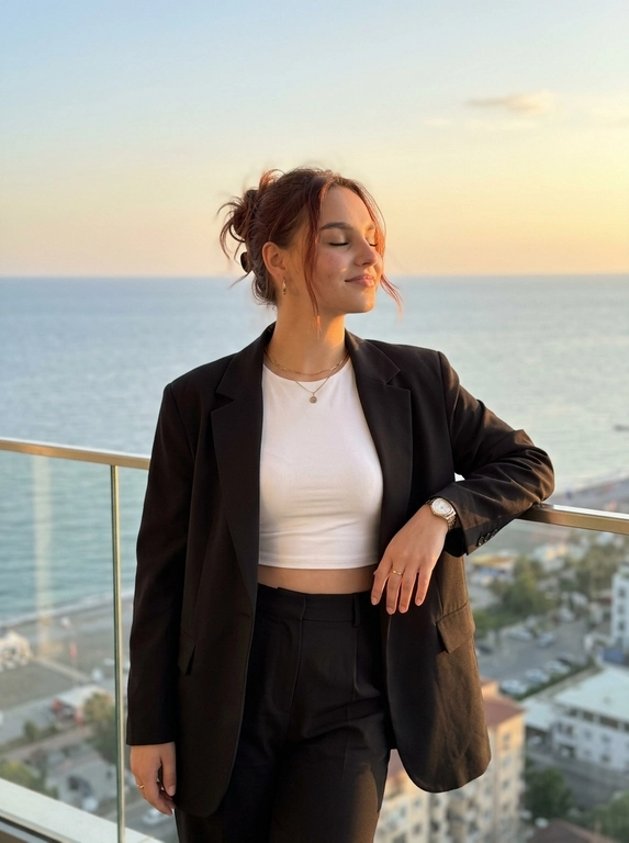 ultra realistic luxury sunset portrait of a woman standing on a balcony with ocean view,  candid instagram aesthetic, taken on iPhone 16 Pro Max. woman standing relaxed near glass railing, body slightly turned sideways, one arm resting on railing, eyes closed enjoying warm sunlight, elegant feminine posture.
outfit: oversized black blazer, fitted white crop top, elegant black trousers, luxury minimal jewelry and watch, classy old money aesthetic.
makeup: soft glam makeup with glowing bronzed skin, natural contour, sharp brows, long lashes, realistic skin texture and warm sunlight highlights.
lighting: warm golden hour sunlight, cinematic sunset glow, realistic natural shadows, soft highlights on hair and skin, luxury evening atmosphere.
background: ocean view, soft cloudy sunset sky, blurred city coastline and road below, cinematic depth, warm dreamy aesthetic.
camera: realistic iphone portrait shot, 50mm lens look, shallow depth of field, focus on woman with softly blurred background.
important: ultra realistic iphone photography, candid luxury influencer vibe, cinematic rich girl aesthetic, natural body proportions, realistic skin texture, film look, no overprocessed ai skin.

Какая будет прическа? : Волосы уложены в небрежный пучок с выбившимися прядями