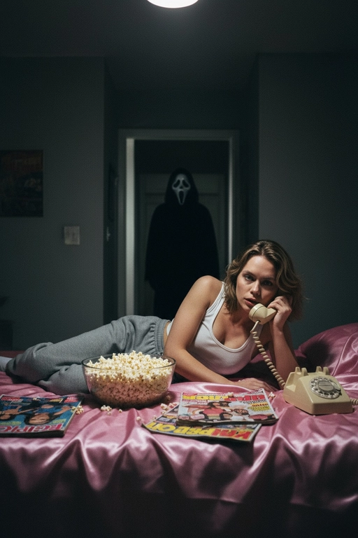 Сделай фото не искажая лица - оно должно оставаться такими же, как на приерепленной фотографии, эстетика Y2K, сцена из фильма "Крик" 90-х. Персона лежит на кровати, застеленной атласными простынями розового цвета. Персона прижимает к уху старинный стационарный телефон кремового цвета со смотанным шнуром. Рядом с ней стоит миска, наполненная попкорном, и несколько разбросанных подростковых журналов 90-х годов. На заднем плане, в темном дверном проеме коридора, в тени скрывается зловещая фигура Ghostface, его маска частично скрыта, он наблюдает за ней.