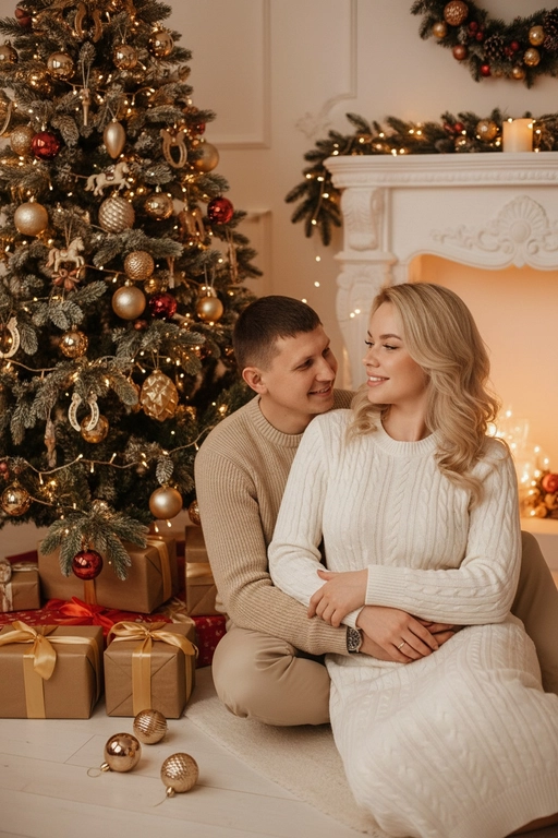 Используй предоставленные изображения и создай фото из домашней новогодней фотосессии. Не меняйте черты лица. . В кадре мужчина и женщина, они сидят на полу в обнимку, улыбаются и смотрят в камеру. Мужчина обнимает женщину сзади за талию. На женщине надето вязаное длинное платье с длинными рукавами. На мужчине вязаный свитера и штаны. На заднем плане стоит наряженная елка с игрушечными шарами, игрушечными лошадками, игрушечными подковами. Под елкой разложены подарочные коробки, перевязанные золотыми лентами. Рядом с парой лежат несколько елочных игрушек как на елке. Фотография выполнена в теплой цветовой гамме. Атмосфера уютная и праздничная. цвет платья девушки- белый, цвет свитера и штанов мужчины - бежевый, они не смотрят в камеру, а друг на друга