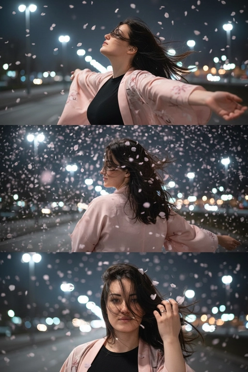 Не меняй черты лица, оставь их точь в точь как на загруженном фото. Фото в стиле триптиха, на котором изображена женщина в ночном городе.

На верхней панели изображена женщина по грудь, в профиль, расположенная в правой части кадра. Она запрокинула голову назад и закрыв глаза будто смотрит в небо разведя руки в стороны. Ее волосы развеваются на ветру закрывая лицо. На заднем плане ночной город полный ярких фонарей, где спокойно и нет людей, в небе развиваются от ветра листья сакуры . 

На средней панели изображена всё та же женщина со спины, смотрящая в кадр. На фоне все усыпано лепестками сакуры и они почти полностью перекрывают ночной город. Её волосы сильно развеваются на ветру в них запутались лепестки сакуры . 

На заднем плане нижней панели, крупным планом, изображено лицо всё той же женщины, частично скрытое развевающимися на ветру волосами в них немного лепестков сакуры, которая смотрит прямо на зрителя. Правой рукой она придерживает волосы, демонстрируя белое обручальное кольцо. 

Ночной Город и небо создают нейтральный, угрюмый фон для фотографии в натуралистическом стиле и при мягком освещении. Использовать лицо с фото на 100% , не изменяя черты лица. На девушке - черный топ и нежно-розовое хаори в японском стиле.не меняя черты лица не меняя губы нос схожесть стопроцентная 