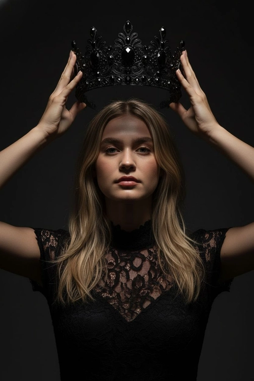 Модный портрет женщины крупным планом, стоящей прямо перед камерой, со слегка приподнятым подбородком. Она держит двумя руками почти над головой искусно выполненную корону с богатым филигранным орнаментом и крупными сверкающими драгоценными камнями. Корона находится в резком фокусе, отбрасывая тень на лицо. Освещение падает сверху, подчёркивая корону и создавая драматичный, контрастный эффект. Тёмная тень на лице усиливает ощущение таинственности и элегантности. Её платье – из тонкого чёрного кружева с высоким воротом. Фон темный, усиливая драматизм. Корона черного цвета.