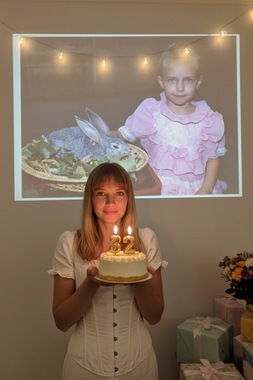 Создай ультрареалистичное фото, сделанное на камеру телефона в комнате, где изображен человек, который держит бенто торт с горящими золотыми свечами. В качестве фона на однотонную стену проецируется фотография из детства. Спроецированное фото занимает большую часть фона. Сочетание образов взрослого человека и ребёнка на фоне создаёт тёплую, ностальгическую атмосферу, подчеркивая связь между прошлым и настоящим. На стене висят гирлянды, рядом со стеной виднеются подарки и букет цветов. Снимок выглядит очень стильным и продуманным, присутствует ощущение праздника и воспоминаний. Не меняй внешность, полностью сохрани черты лица. Свечи на торте в форме числа 32. Женщина одета в молочное корсетное платье. Лицо никак не менять! Чтобы была узнаваема. 