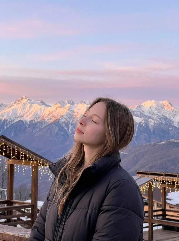 Фотография сделана в горной местности. На заднем плане виднеются снежные вершины гор, освещенные закатным солнцем. Небо окрашено в нежные пастельные тона: розовый, фиолетовый и светло-голубой. В передней части кадра виднеются деревянные конструкции с гирляндами, создающие ощущение уюта и праздника.
Стиль фотографии можно охарактеризовать как "модный снимок на природе", сочетающий в себе естественность и эстетику. Атмосфера спокойная и умиротворенная. Цветовая гамма теплая, с преобладанием пастельных оттенков.
На переднем плане изображена женщина. Она стоит, слегка запрокинув голову назад и закрыв глаза, словно наслаждаясь солнцем и свежим воздухом. Она одета в темную дутую куртку, которая контрастирует со светлым фоном гор и неба. Поза выражает расслабление и умиротворение.