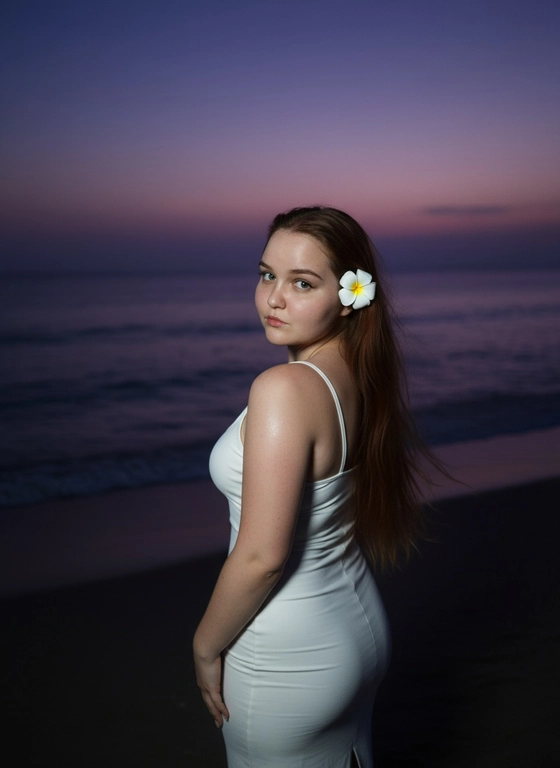 Сделай фото, будто я на пляже, где темно, но кто-то сфотографировал меня со вспышкой, и мое лицо немного блестит и светится, заднем плане закат, как будто солнце село на 98%, оставив фиолетовый оттенок, и само по себе почти темно. Фото сделано из-за моей спины, как будто  мне сказали, повернуться. Я в белом облегающем платье с цветком, заправленным в волосы. Волосы должны развеваться так, как будто дует слегка ветер.