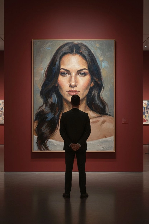Создай сцену в галерее современного искусства, используй прилагаемое изображение лица и внешности человека, не меняя черты лица. На стене висит большой портрет человека маслом. Её лицо и верхняя часть тела написано в реалистичной, экспрессивной манере масленной живописи с текстурированными мазками и приглушенными цветами. Чистая красная стена галереи создаёт профессиональную атмосферу выставки благодаря мягкому освещению, освещающей произведения искусства. Перед картиной с видом сзади, стоит мужчина рассматривая картину, что придаёт сцену кинематографическое и таинственное настроение.