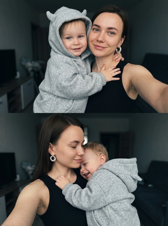 Дорогой lifestyle момент, но снят случайно, как сторис без каких либо табличек. Фотореализм, фото снято на iPhone 17 Pro Max, нет идеальной симметрии нет постановочного ощущения. Кожа выглядит сияющей. видно текстуру кожи, поры, RAW photo. Не меняя внешности людей с фото, модель делает селфи, сцена запечатлена в интимной домашней атмосфере с мягким рассеянным светом, создающим глубокие, но мягкие тени, которые подчеркивают объем и придают объятиям тепло и уют. В кадре ребенок  в светло-сером вареном оверсайз худи с очень объемным капюшоном, который имеет две выступающие детали, напоминающие  рожки; он обнимает модель за плечи, его руки мягко, но крепко охватывают её. Ребенок повернут лицом к камере, в выражении улыбки.

Если модель - женщина, то она одета в черную майку без рукавов, в ушах — большие круглые серьги, которые деликатно сверкают в приглушенном свете. Если модель - мужчина, то он одет в черную футболку. 

Модель повернута слегка в сторону, сохраняя спокойное и уверенное выражение лица четко очерченные брови. Обе фигуры занимают центральное пространство кадра, что усиливает эмоциональную связь между ними, проявленную в нежном объятии и теплых взглядах. Фон интерьера скромный и темный, с ненавязчивыми элементами мебели, частично затененный, что не отвлекает от главных героев, но добавляет глубины и создаёт ощущение домашнего уюта. Тон цветокоррекции выдержан в прохладных серо-синих гаммах с легкими акцентами на теплые оттенки кожи, что придаёт изображению кинематографичную, искреннюю и мягкую атмосферу, полную внутреннего тепла и близости, фотореалистичное изображение, высокая текстурная детализация, высокое качество 
Фото коллаж
Вертикальный, разные позы на фотографии верхней и нижней, но на обоих фотографиях модель делает селфи, одежда должна быть одинаковой.
Негативный промт: телефон в кадре.