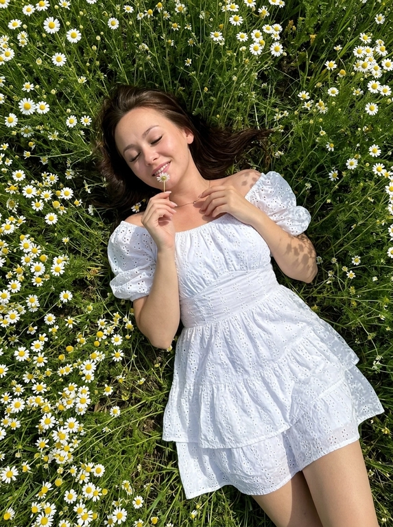 Shot on iPhone 16 Pro Max, phone is not visible in the frame.
Ultra-realistic smartphone photo, no flash, no CGI, no Al look, realistic pores and skin texture. woman lying in a dense chamomile field. Camera positioned directly above her in an almost perfectly vertical top-down angle. Full-body composition from head to knees. Body placed diagonally: head toward the upper left corner, legs toward the lower right.
Surrounded by hundreds of white chamomile flowers. Eyes closed, soft relaxed half-smile. One hand raised to her face, gently holding a chamomile stem so the flower touches her lips.
Calm, poetic atmosphere. Hair spread around her head across the grass and flowers, with a few loose strands on the cheeks and forehead. Ultra-short romantic white peasant-style dress with oversized off-shoulder puff sleeves, square neckline with front ties, voluminous layered skirt, textured broderie anglaise cotton. The skirt is lifted slightly by a gentle breeze.
Open shoulders, collarbones and legs visible. A fallen chamomile flower rests on the dress. Bright sunny daylight creates lace-like shadows from flowers and stems across the dress, face, arms and legs. Entire frame filled with chamomile flowers, green stems and wild grass. Natural iPhone colors, rich greens, clean whites, warm daylight, slightly increased contrast.
Pinterest countryside editorial aesthetic.
