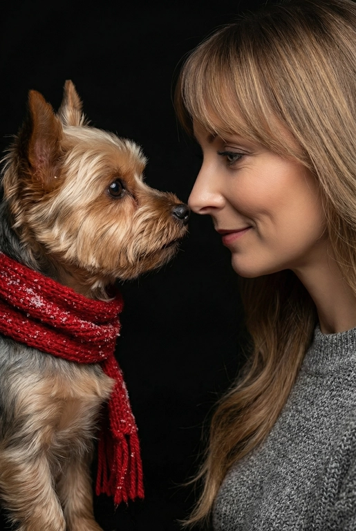 Сделай фото со мной и моим питомцем. Реалистичное фото, с высокой детализацией. Снимок меня и моего питомца в профиль. Фото сделано первым средним планом (Medium CloseUP), в кадре видно часть туловища (с головы до середины груди).
Я стою лицом к своему питомцу в строгий профиль, смотрю прямо на него.
Мой питомец расположен прямо напротив моего лица, также в профиль, смотрит прямо на меня. Наши носы почти соприкасаются. Наши головы могут быть наклонены: например, моя голова наклонена немного вниз, а голова питомца наоборот повыше. Четкая визуальная симметрия между моем лицом и головой моего питомца.
Студийное освещение, мягкий свет, создающий контрастность и скульптурные тени, на самом лице минимум тени. 
 У меня легкая улыбка, питомец смотрит с дружелюбным настроем. Фон черный. 