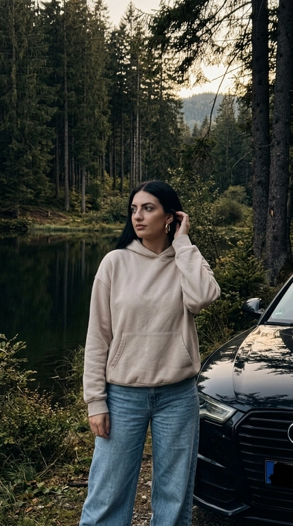 Ультрареалистичная lifestyle-фотография модели на природе, снятая на iPhone 16 Pro Max. Вертикальный кадр, Модель показана примерно до верхней части бёдер. Модель стоит возле автомобиля на берегу спокойного озера среди высокого хвойного леса, передняя часть автомобиля развёрнута к камере и хорошо читается в кадре. Корпус модели слегка развёрнут в сторону, одна рука поднята к затылку или возле уха, вторая свободно опущена. Голова немного повернута в сторону, взгляд направлен мимо камеры, выражение лица спокойное, уверенное и расслабленное.

На модели  Худи с капюшоном и джинсы. Свободный, оверсайз худи с капюшоном, низ - свободный wide джинсы светло-синего цвета. Образ выглядит спокойно, дорого и естественно..

Если модель женского пола, то у нее в ушах крупные серьги-кольца.
Если модель женского пола, то у ее макияж clean soft glam: естественно сияющая кожа с реалистичной текстурой, мягко подчёркнутые глаза, длинные ресницы, нюдовые губы с лёгким глянцевым блеском. 

Без пластиковой кожи и без чрезмерного сглаживания.

Позади модели видны озеро, отражения воды, высокий хвойный лес и припаркованный автомобиль бренда/марки Чёрный Audi A6.

Освещение — поздний вечерний golden hour. Свет мягкий, приглушённый и направленный, солнце низкое, частично скрыто деревьями. На лице и одежде мягкие тёплые блики, но без яркого свечения. Тени глубже, свет не воздушный и не пересвеченный.

Цветокоррекция тёмная, приглушённая и естественная, ближе к реальному iPhone-кадру в вечернем лесу: немного пониженная экспозиция, спокойные тёмно-зелёные и коричнево-оливковые оттенки леса, глубокий чёрный цвет автомобиля с глянцевыми отражениями, мягкие молочно-бежевые тона одежды, тёплые, но сдержанные солнечные блики. Общий контраст мягкий, но глубокий, без яркой насыщенности, без светлого airy-эффекта, без оранжевого перегрева.

Живой случайный кадр, luxury candid aesthetic, лёгкая естественная зернистость, реалистичная текстура кожи, ткани, воды и автомобиля, без глянцевой ретуши и без AI-эффекта.