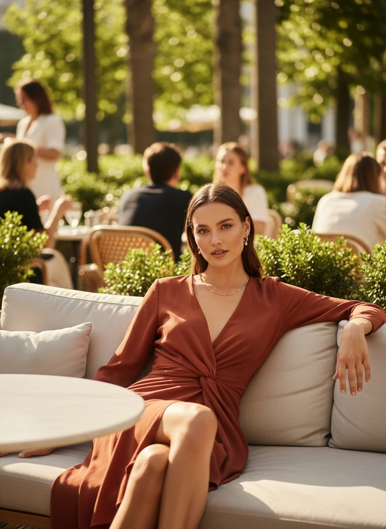 На снимке изображена женщина, сидящая на светлом диване с мягкой обивкой. Это похоже на кадр из модной фотосессии, снятой в кафе или ресторане на открытом воздухе. На заднем плане видны размытые силуэты людей, столы и зелень. Фотография выполнена в тёплой, солнечной цветовой гамме. На женщине надето платье терракотового цвета с длинными рукавами и V-образным вырезом, завязанное на талии узлом. На шее у нее тонкая золотая цепочка. Ее поза расслабленная и непринуждённая. На женщине серьги. На переднем плане слева виден белый столик. На заднем плане прослеживаются стволы деревьев и листва.