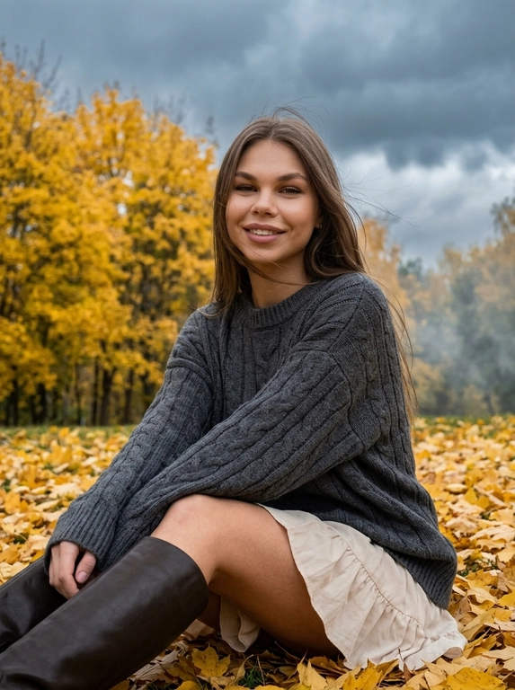 Фотореалистичный вертикальный портрет: женщина сидит среди жёлтой листвы в осеннем парке, корпус слегка повёрнут в сторону, плечи расслаблены, одна нога согнута и поднята ближе к камере, другая вытянута в сторону, руки свободно опущены, милая полуулыбка с сомкнутыми губами, поза естественная; голова слегка наклонена, подбородок чуть приподнят, взгляд направлен прямо в объектив; отдельные пряди слегка развеваются ветром; съёмка выполнена с низкой точки на уровне сидящей женщины, камера расположена прямо перед ней с лёгким приближением, композиция центрированная, колени занимают нижнюю часть кадра, фон мягко размытый; спокойное серо-голубое небо; освещение рассеянное, прохладное и мягкое, как в пасмурный ветреный день, лёгкая дымка, натуральная цветокоррекция, малая глубина резкости, тонкое плёночное зерно, объектив 85 мм, кинематографичная fashion-фотография. 

На женщине :  объёмный графитовый вязаный свитер oversize с длинными рукавами, полностью закрывающими кисти. Низ — светлая короткая юбка с мягкими складками или рюшами. На ногах тёмные высокие сапоги.

Фон: густые деревья с жёлтой листвой, естественное и неоднородное. Безупречный макияж: выразительные ресницы, пудрово-розовые губы, контур темнее. Высокая детализация (видны поры, отдельные волоски бровей и ресницы), кожа естественная, ровный тон, без AI-артефактов, реалистичная текстура губ. Грозовое небо, тяжёлые тучи, атмосфера влаги и дождя. Canon G7X, выраженное зерно.