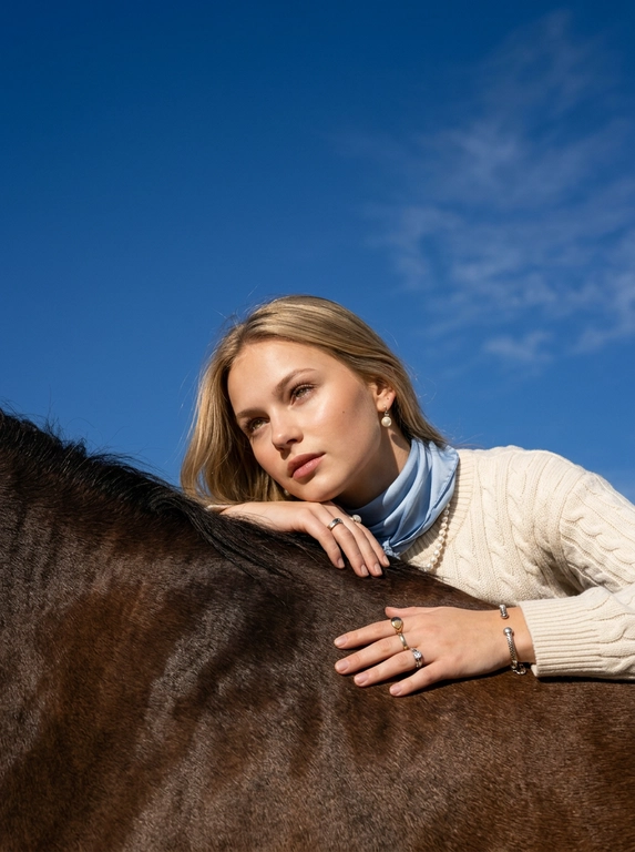 Tight low-angle editorial portrait at horse-back height, camera positioned just below the horse’s spine looking slightly upward. The frame split into two clean horizontal bands: lower third filled by the glossy walnut-brown coat of a groomed horse with visible mane detail, upper portion filled with deep cobalt sky and soft cirrus clouds. No ground, no fence, no horizon.

A model stands behind the horse on the far side, face and upper body rising above the horse’s back line. Chin resting softly on the horse’s withers, both hands embracing the neck gently from either side. Expression calm and reflective, gaze directed into the distance rather than at the camera. Hair styled in a soft low chignon with loose strands lifted by the breeze. Wearing a cream cable-knit sweater and a powder blue silk scarf tied at the neck. Pearl necklace, pearl earrings, luxury watch, cuff bracelet, and thin gold rings visible.

Lighting: bright clean midday white sunlight from above and slightly behind, no golden tones. Warm reflected light from the horse’s coat illuminating the jawline while cool sky fill shapes the upper face. Crisp short shadows beneath the chin.

Hyper-detailed skin texture, individual hair strands, pearl nacre detail, silk weave, horse coat texture, and sky softness. Editorial luxury atmosphere with sculptural intimacy between human and animal.

Phase One IQ4 150MP aesthetic, magazine-cover sharp, modern Vogue equestrian editorial style, no grain, no film matte.

Palette: powder blue, walnut brown, ivory white, cobalt sky.

No text, no logos, no borders, no watermarks.