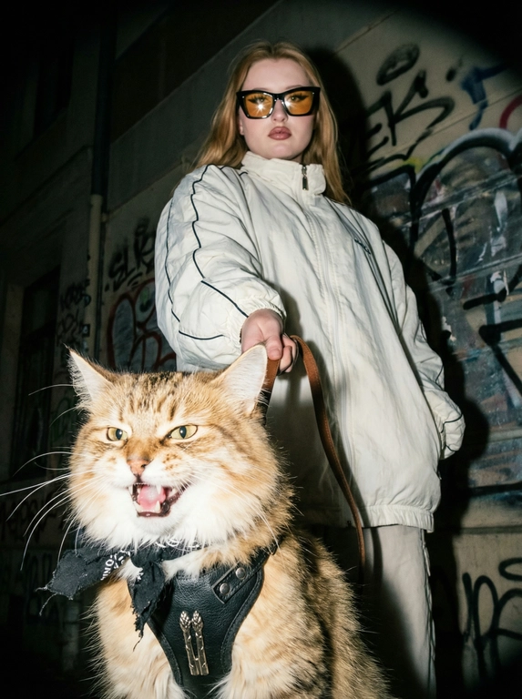        Портрет городской улицы ночью — съёмка с экстремально низкого угла (с точки зрения червя), на переднем плане — разъярённый кот в чёрной кожаной упряжи с металлическими элементами в виде спаржи и маленьким потрёпанным чёрным платком, повязанным под подбородком. Пасть кота раскрыта в рычании, глаза острые, вызывающие.

Позади него появляется человек из исходного изображения — с внушительной и элегантной фигурой, сохраняющий свои оригинальные черты. В одной руке он небрежно, но властно держит свободные ремни упряжи. На нёй большие угловатые чёрные солнцезащитные очки с янтарными линзами, в которых отражается вспышка. Надета объёмная винтажная нейлоновая белая яркая ветровка с чёрными трубками.

Фон — стена с городским граффити.

Фото сделано на Kodak Portra 400 с невыгодной прямой вспышкой: высокая контрастность текстур, приглушённые средние тона, видимая зернистость, лёгкая гало‑окраска в ярких отражениях и сильное виньетирование объектива.
