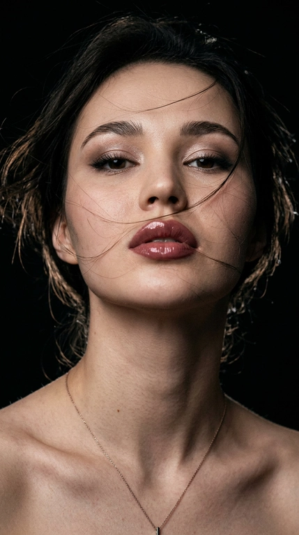 Фотореалистичный цветной beauty-портрет, экстремально крупный план (лицо + шея + ключицы), низкий ракурс снизу вверх, голова слегка запрокинута. Волосы хаотично пересекают лицо, несколько прядей на губах и щеке, ощущение ветра и движения. Взгляд открытый, дерзкий.
Макияж: дымчатые тени с мягким светлым шиммером, чёткая чёрная стрелка, густые ресницы, аккуратно оформленные брови. Губы, с влажным глянцевым блеском, чёткий контур. Кожа без ретуши — естественный чистый  тон, живая текстура, видимые поры, мягкие цветовые переходы света и тени.Модадвя девушка не меняй лицо 
Фон полностью чёрный, минимализм.
Свет: один боковой soft key light + лёгкий fill, высокий контраст, глубокие тени, выразительный рельеф скул и губ. Кинематографичный цветовой свет с естественными оттенками кожи и лёгкими тёпло-холодными нюансами. Лёгкий rim/back light для отделения от фона.
Съёмка в стиле fashion editorial. Сверхрезкий фокус на глазах и губах, малая глубина резкости. 
Ideal quality settings: ultra-realistic 8K, hyper-detailed, sharp focus; shallow depth of field, natural bokeh; HDR ,; cinematic color grading; lens 85mm / 50mm / 35mm; aperture f/1.4–f/2.8; key light at 45°, soft shadows; clean white balance; natural skin tones, glossy highlights.

Доп. характеристики: Черты и внешность не менять 100% и помаду не менять