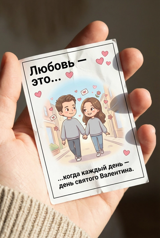 Создайте открытку в стиле Love is… с собой через нейросеть