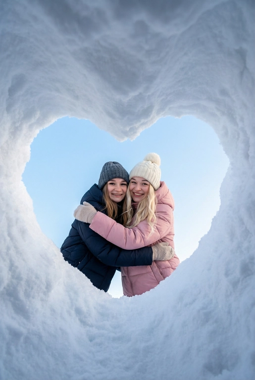 Фотография этой пары, снятая снизу вверх через отверстие в снегу в форме сердца. Камера находится в снежной нише, края кадра — плотный белый снег, образующий чёткое сердце. В центре кадра двое человек из референса, обнимающие друг к друга, смотрят прямо в камеру. Люди одеты по-зимнему.   Их одежда стильная и современная. Они улыбаются, лица хорошо видно. 
Фон — чистое светло-голубое зимнее небо без облаков. Естественный дневной свет, мягкие холодные оттенки, высокая детализация снега и ткани одежды. Атмосфера — уют, любовь, спонтанный зимний момент. Реалистичная фотография, без искажений лиц, фокус на людях, эффект живого кадра, как с экшн-камеры или смартфона, вертикальный формат. Женщина одета в розовый пуховик и белую шапку с помпоном, мужчина в темный пуховик и темную шапку.