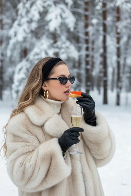 Создай портрет, не меняя черты лица. Элегантная женщина в стиле «Slavic Girl» позирует на фоне заснеженного зимнего леса. На ушах золотые серьги круглой формы, золотого цвета.  Она одета в роскошную объемную шубу из светлого меха, белый свитер с высоким горлом, черную повязку на голову и стильные черные узкие солнцезащитные очки. Ракурс в полупрофиль. На руках — черные кожаные перчатки. В одной руке она держит бокал игристого шампанского, а другой ест бутерброд с красной икрой. Атмосфера роскоши, зимняя эстетика, мягкое естественное освещение, высокое качество, реализм. Не менять мою прическу