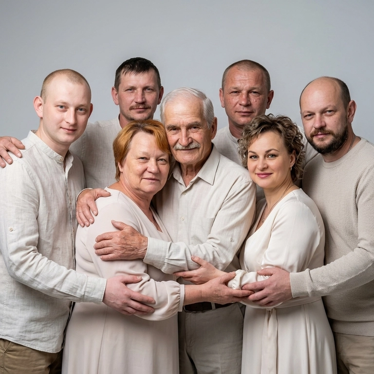 use this/these photos

Выберите стиль фото: : Кадр из профессиональной фотосессии в студии, где запечатлен момент семейный близости . Сделай так, чтобы все они смотрелись гармонично и трогательно. Люди одеты в светлые образы, подходящие по стилю фотосессии. Женщины в платьях. Освещение холодное. Фон светлый, бесшовный. Фото в стиле Энни Лейбовиц, четкий фокус. Люди смотрят в камеру с мягкой улыбкой.  Средний план.