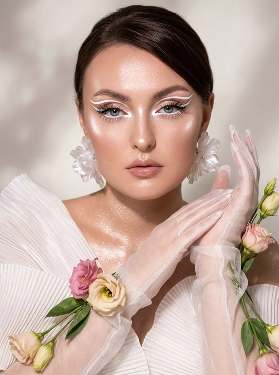 Создай крупный портрет в стиле высокой моды, не меняя черты лица. Элегантный макияж глаз с длинными острыми белыми двойными изогнутыми стрелками, длинные густые ресницы эффект лучики, нижние густые ресницы накрашены белым, белый каял карандаш на нижнем веке, белый хайлайтер во внутренних уголках и на скулах. Тело и декольте подсвечены хайлайтером и шиммером. На ушах объемные полупрозрачные белые серьги-цветы. Высокая детализация текстур кожи и одежды. Лицо освещено ярким белым светом, изящный кадр с нежным светом, мягко обволакивающим фигуру и подчеркивающим пышные складки белого платья из тонкой плиссированной ткани, создающей легкость. В длинных полупрозрачных перчатках, добавляющих изысканности и загадочности. По запястьям из-под перчаток и по предплечьям живые цветы — розовые и кремовые бутоны эустомы и листья, контрастирующие с кожей и блеском перчаток. Лицо обращено к камере, выражение спокойствия и мечтательности, с влажной сияющей кожей. Равномерно светлый нейтральный фон акцентирует фигуру и детали, тени размыты, создавая атмосферу тепла и уюта. Композиция сосредоточена на верхней части тела и руках, подчеркивая грациозность и изящество, фотореалистичное изображение, высокая детализация, 8K, высокая контрастность. Девушка смотрит прямо в камеру.