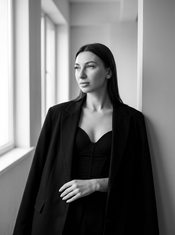 Женщина слегка наклонилась к стене в углу комнаты. Сохрани лицо и черты лица с оригинального фото. На ней надет большой чёрный пиджак, накинутый на плечи, и чёрный лаконичный топ-корсет с V-образным вырезом. Женщина стоит, смотря в сторону окна вдаль, выражение лица спокойное и уверенно задумчивое. Она слегка опирается на стену, положив руку на пиджак. Комната светлая, с большими окнами слева, пропускающими естественный свет. Общая атмосфера спокойная и стильная, подчёркивающая элегантность и минимализм. Положение женщины в кадре — справа от центра. Освещение мягкое, естественное, создающее ощущение минимализма и простоты. Фотография выполнена в чёрно-белом стиле, подчёркивающем контрасты и текстуры. Атмосфера спокойная, элегантная и немного загадочная. Максимально близкий ультрареалистичный 8K портрет.