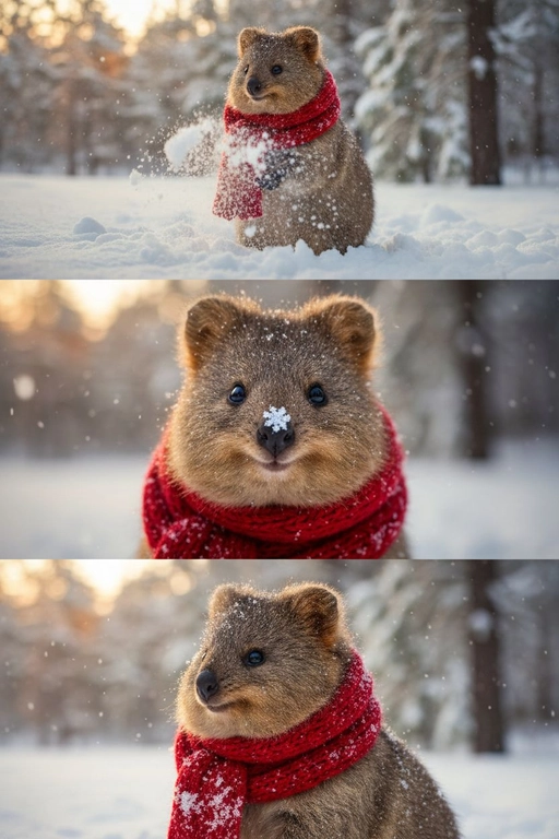     Коллаж из 3-Х фото моего питомца на зимнем фоне в снегу. Питомец в вязаном шарфе, вокруг падает снег, на заднем плане заснеженный лес.

Первый кадр — питомец в полный рост. Он играется со снегом 

Второй кадр — крупный план, увеличенный кадр мордочки питомца с одной снежинкой на носике. Мордочка питомца занимает весь кадр, взгляд прямо в камеру 
 
Третий кадр - портрет питомца, он смотрит в левую сторону. На фото виден шарф, на шарфу есть снежинки 

Три кадра объединены в вертикальный коллаж в едином тоне и свете. Атмосфера — реалистичная, теплая и немного кинематографичная.
Свет мягкий, утренний.  Цвет шарфа - красный 