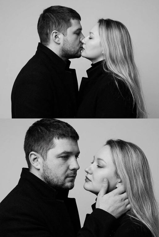 Не меняй внешность. Фотография представляет собой диптих (двойное изображение), выполненный в черно-белой гамме, который запечатлел пару в двух последовательных, нежных моментах. Общий стиль снимка — минималистичный и драматичный.
Верхний Кадр: Поцелуй
• Действие: Пара запечатлена в момент поцелуя.
• Мужчина: Слева, в профиль. Он одет в темное пальто или пиджак с высоким воротником. Его губы соприкасаются с губами женщины.
• Женщина: Справа, в профиль, с приподнятым подбородком, чтобы дотянуться до мужчины. У нее тонкие, изящные черты лица. Она одета в похожее темное пальто с воротником-стойкой.
• Эмоция: Кадр передает интимность и сосредоточенность на моменте соприкосновения.
Нижний Кадр: Нежность и Взгляд
• Действие: Мужчина и женщина смотрят друг на друга (или почти смотрят) на очень близком расстоянии.
• Мужчина: Слева, в профиль. Выражение его лица более серьезное и задумчивое. Он смотрит прямо на женщину.
• Женщина: Справа. Ее голова немного запрокинута, а глаза почти закрыты, что придает моменту большую чувственность.
• Взаимодействие: Рука мужчины (похоже, его правая рука) нежно поддерживает ее лицо сбоку, держа ее за челюсть/подбородок. Это движение подчеркивает заботу и глубокую эмоциональную связь между ними.
Общий Стиль и Композиция
• Цвет: Использование черно-белой палитры исключает отвлекающие цвета и усиливает драматизм, фокусируя внимание зрителя на контурах, текстурах и эмоциях.
• Одежда: Оба одеты в простые, темные вещи, которые гармонируют с общим настроением снимка.
• Фон: Однотонный, нейтральный, светлый фон (возможно, белая или светло-серая студийная стена), который создает сильный контраст с темной одеждой пары.
• Композиция: Диптих, разделенный горизонтальной линией, показывает два мгновения близости, создавая историю или последовательность.
Снимок производит впечатление элегантной, высококлассной модной или арт-фотографии, посвященной теме глубокой, серьезной любви и страсти.