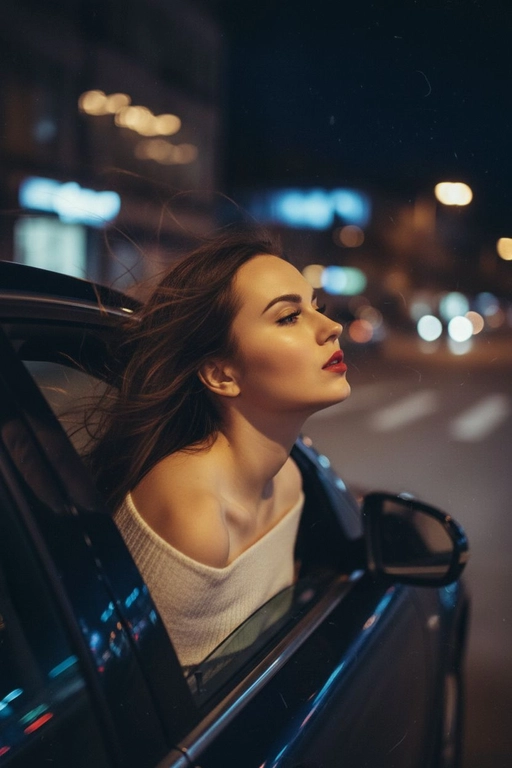 Создайте фото, где я высунула голову из окна машины в тёмную, мечтательную, размытую, винтажную ветреную ночь, в белом трикотажном топе с открытыми плечами. ракурс боковой. Голова чутка откинута назад. Машина в движении.  Выражение лица мечтательное, губы немного приоткрыты. Волосы развеваются в движении. Сохраните детали лица в точности. Пожалуйста, не изменяйте черты лица и оставь таким, какое оно есть.