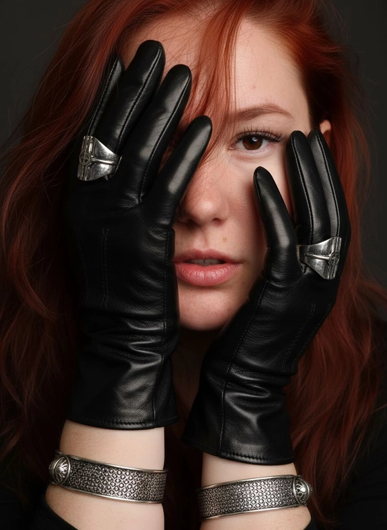 Модный портрет женщины, крупным планом,  в черных кожаных перчатках.  Руки частично заслоняют лицо. Перчатки создают интригующую композицию: одна рука закрывает часть лица, а другая лежит на противоположной стороне, тонко обрамляя нежные черты модели. Губы женщины видны, слегка приоткрыты, глаза открыты, голова слегка наклонена вперед. Несколько прядей волос свободно падают на ее лицо, добавляя ощущение движения. Текстура кожи очень детализирована, демонстрируя поры ее лица. Перчатки блестящие и плотно прилегающие, с тонкими, замысловатыми деталями. Серебрянные массивные кольца видны на пальцах, усиливая ощущение роскоши, а серебрянные браслеты обхватывают запястья. Мягкое, но драматичное освещение подчеркивает текстуру перчаток и кожи, создавая поразительный контраст на темном, мрачном фоне. Общая атмосфера интимная, элегантная и изысканная.