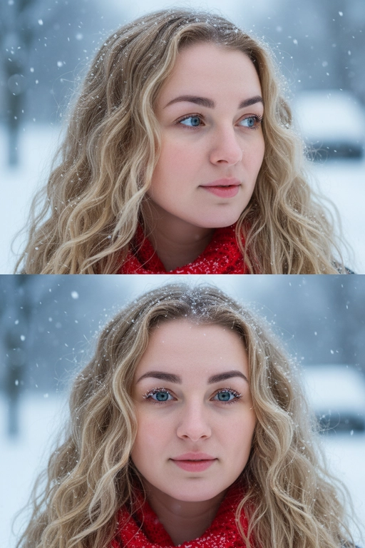 Создай коллаж из двух кадров человека, снятых крупным планом на улице зимой. Камера расположена близко, чтобы в кадре были видны лицо, шея и часть одежды. Главный акцент — на лице, глазах и снежинках, которые легли на волосы и ресницы.

Освещение мягкое, естественное, как в пасмурный зимний день. Вокруг падает лёгкий снег, отдельные снежинки чётко видны в воздухе и на коже. Фон — мягко размытый, с холодными оттенками (бело-голубой, серо-синий).

Первый кадр — человек смотрит в сторону, выражение мягкое, задумчивое, естественное. Крупный план лица, видно часть красного шарфа.
Второй кадр — прямой взгляд в камеру, нейтральное или лёгкое выражение лица, ресницы в снегу. Крупный план лица, видно часть красного шарфа.

Кожа чистая и естественная, без ретуши, текстура лица и губ сохранена. Фото выглядят как профессиональная зимняя портретная съёмка крупным планом, с эффектом свежести и спокойствия.

Оба кадра объединены в вертикальный коллаж в едином тоне и свете. Атмосфера — реалистичная, теплая и немного кинематографичная.