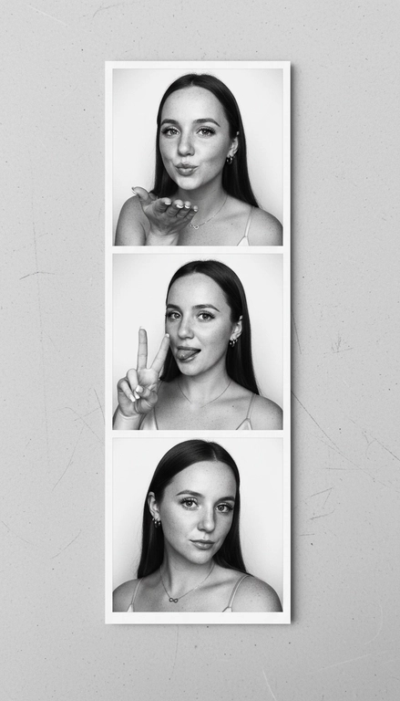  Используя мою фотографию в качестве референса для лица и волос, не изменяя исходные черты лица и сохраняя верность моим физическим характеристикам, создайте ленту из фотографий в ч/б с тремя вертикальными белыми рамками. Лента выглядит так, будто лежит на столе или фоне. Фотографии выглядят профессионально , как будто из настоящей фотобудки. 

В каждой рамке по центру расположены портрет и фотография погрудной проекции одного и того же человека. Взгляд прямо в камеру.

Общая эстетика винтажная, с лёгкой зернистостью и выцветшим качеством, напоминающая классическую аналоговую фотографию. Но при этом изображение выполнено в высоком разрешении. На светло-сером фоне видны едва заметные следы пыли и царапин. Лица человека на белом фоне. 
НЕ ИЗМЕНЯЙТЕ МОЁ ЛИЦО. На верхнем фото девушка посылает зрителю воздушный поцелуй, поднеся правую руку ко рту и слегка поджав губы. Выражение её лица игривое и дружелюбное.  На среднем фото девушка мило и игриво показывает знак мира, высунув язык. Брови слегка приподняты. На нижнем фото девушка позирует, отвернувшись к плечу, смотрит прямо в камеру с более спокойным и уверенным выражением лица. Губы мягко сжаты, взгляд прямой и чувственный. ОДЕЖДА: На ней маленькие серьги-кольца и изящное ожерелье с символом бесконечности поверх светлого атласного или шёлкового топа. На ней естественный макияж, включая глянцевый блеск для губ, лёгкую подводку для глаз и кукольные нарощенные ресницы, без излишеств. У неё квадратный французский маникюр. 