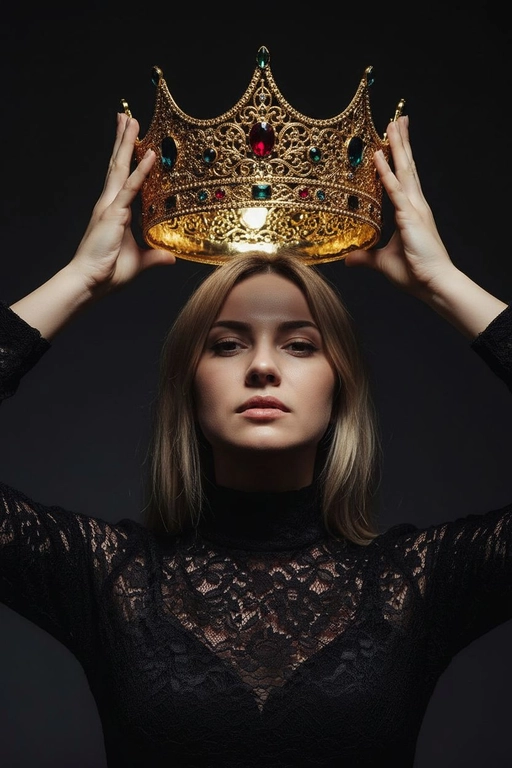 Модный портрет женщины крупным планом, стоящей прямо перед камерой, со слегка приподнятым подбородком. Она держит двумя руками почти над головой искусно выполненную корону с богатым филигранным орнаментом и крупными сверкающими драгоценными камнями. Корона находится в резком фокусе, отбрасывая тень на лицо. Освещение падает сверху, подчёркивая корону и создавая драматичный, контрастный эффект. Тёмная тень на лице усиливает ощущение таинственности и элегантности. Её платье – из тонкого чёрного кружева с высоким воротом. Фон темный, усиливая драматизм. Корона цвета желтого золота.