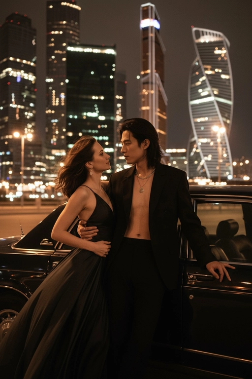Используй предоставленные изображения и создай фото женщины и мужчины, в романтическом стиле, женщина облокотилась спиной на автомобиль, слегка откинувшись назад. ее слегка взъерошенные волосы мягко развеваются на ветру. Лицом к ней прижавшись стоит мужчина выше нее и одной рукой обнимает её за талию, а другой рукой опирается на машину. Влюбленно смотрит на женщину. На заднем плане изображена Москва-Сити, сияющая теплыми золотистыми огнями ночного города. Улица залита мягким городским светом, создающим гламурную и кинематографическую атмосферу. Поза женщины уверенная и в то же время игривая, и основное внимание уделяется взаимодействию между ней мужчиной. Освещение должно подчеркивать их силуэты, а отражения окружающих огней на стекле автомобиля должны создавать элегантную атмосферу. Не меняй одежду людей.